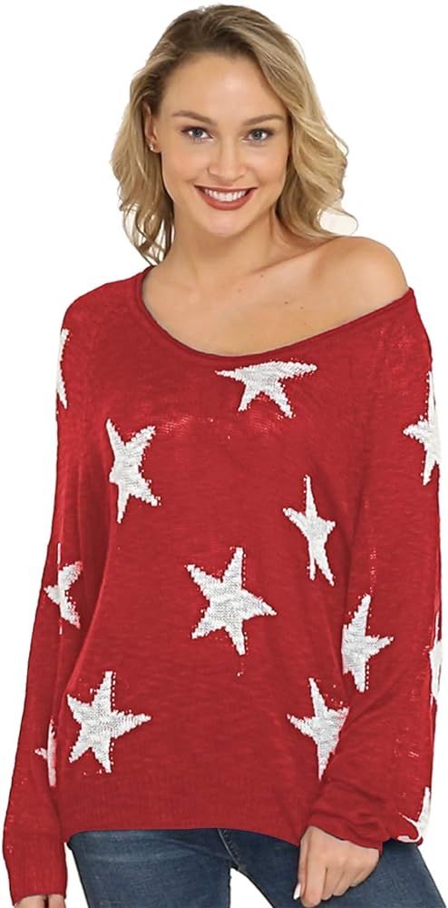 Womens Loose Star Sweater Long Batwing Sleeve V Neck Knitted Pullover Tops | Amazon (US)