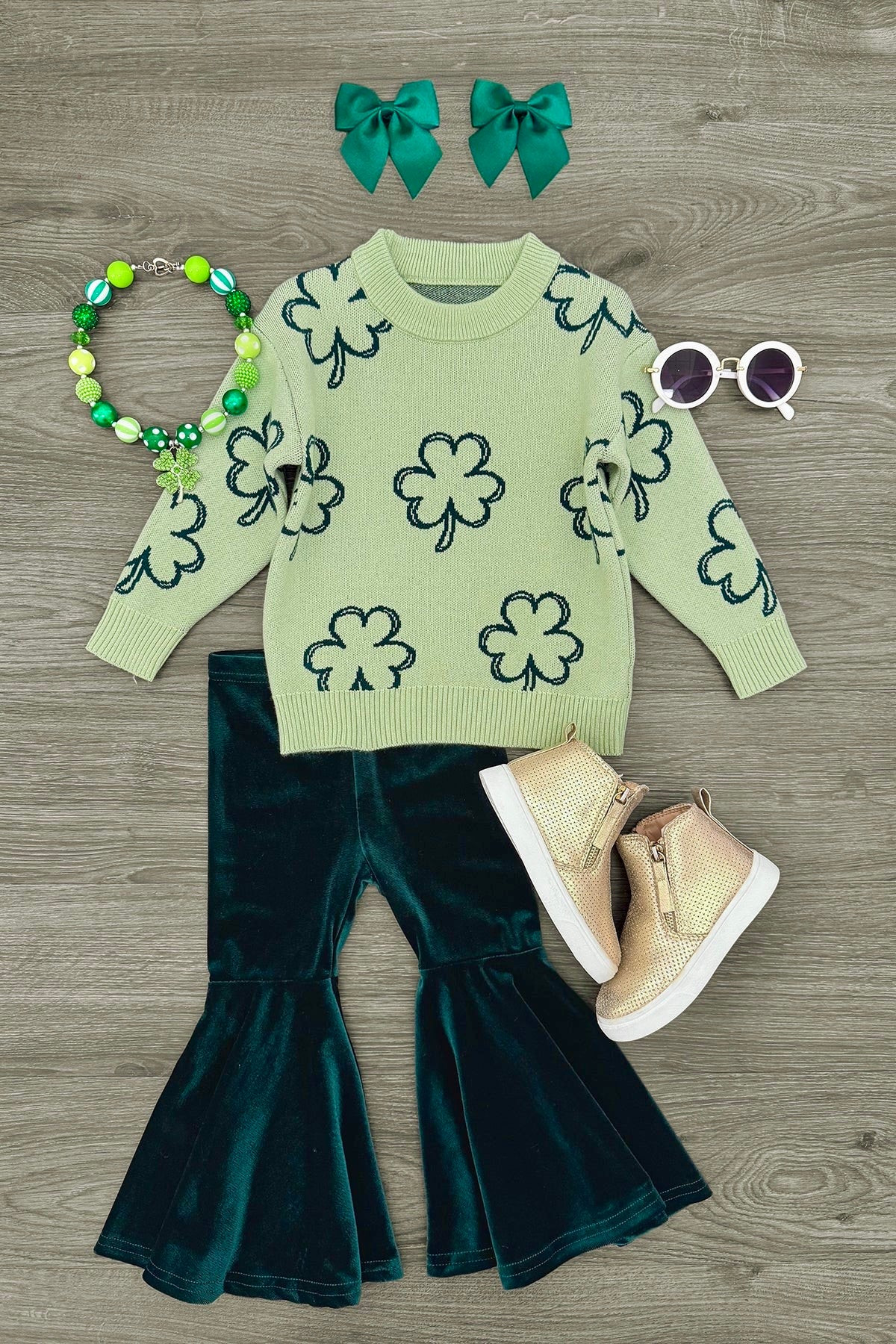 Shamrock Sweater Velvet Bell Bottom Set | Sparkle In Pink