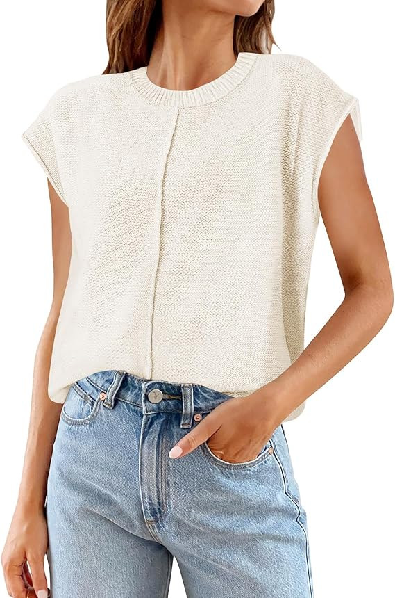 MEROKEETY Women's Summer Cap Sleeve Crewneck Tops Casual Loose Fit Knit Sweater Pullover Tank Top | Amazon (US)