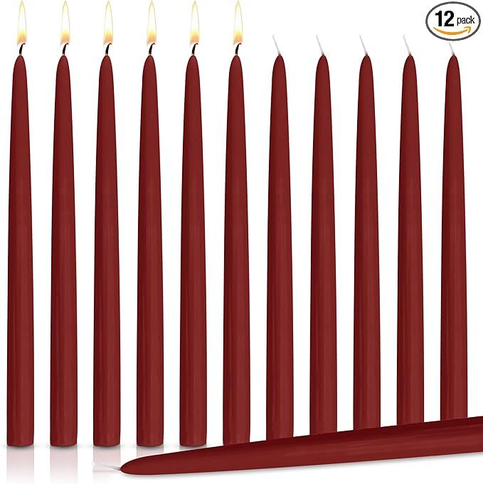 Dripless Taper Candles 10" Inch Tall Wedding Dinner Candle Set of 12 (Burgundy) Wine Red Maroon | Amazon (US)
