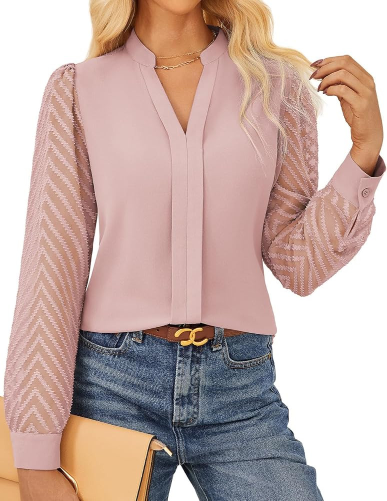 GRACE KARIN Women Business Casual Tops Sheer Lace Long Sleeve Blouses Work Office Pleated V Neck ... | Amazon (US)