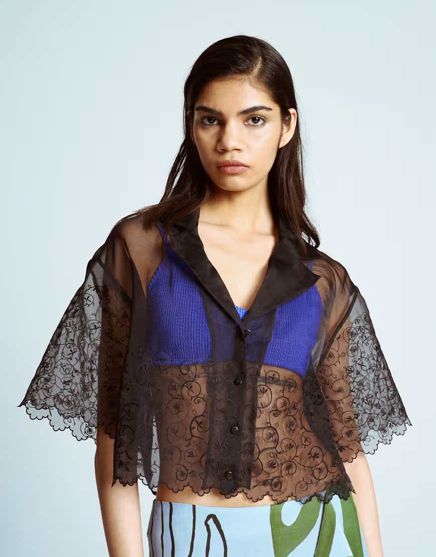 Topshop crop organza embroidered shirt in black | ASOS (Global)