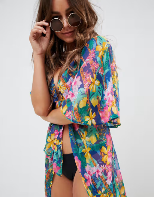 ASOS DESIGN dipped hem chiffon kimono in glam tropical chain print | ASOS US