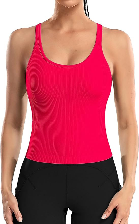 ATTRACO Women Ribbed Workout Crop Tops with Built in Bra Yoga Racerback Tank Top Tight Fit | Amazon (US)