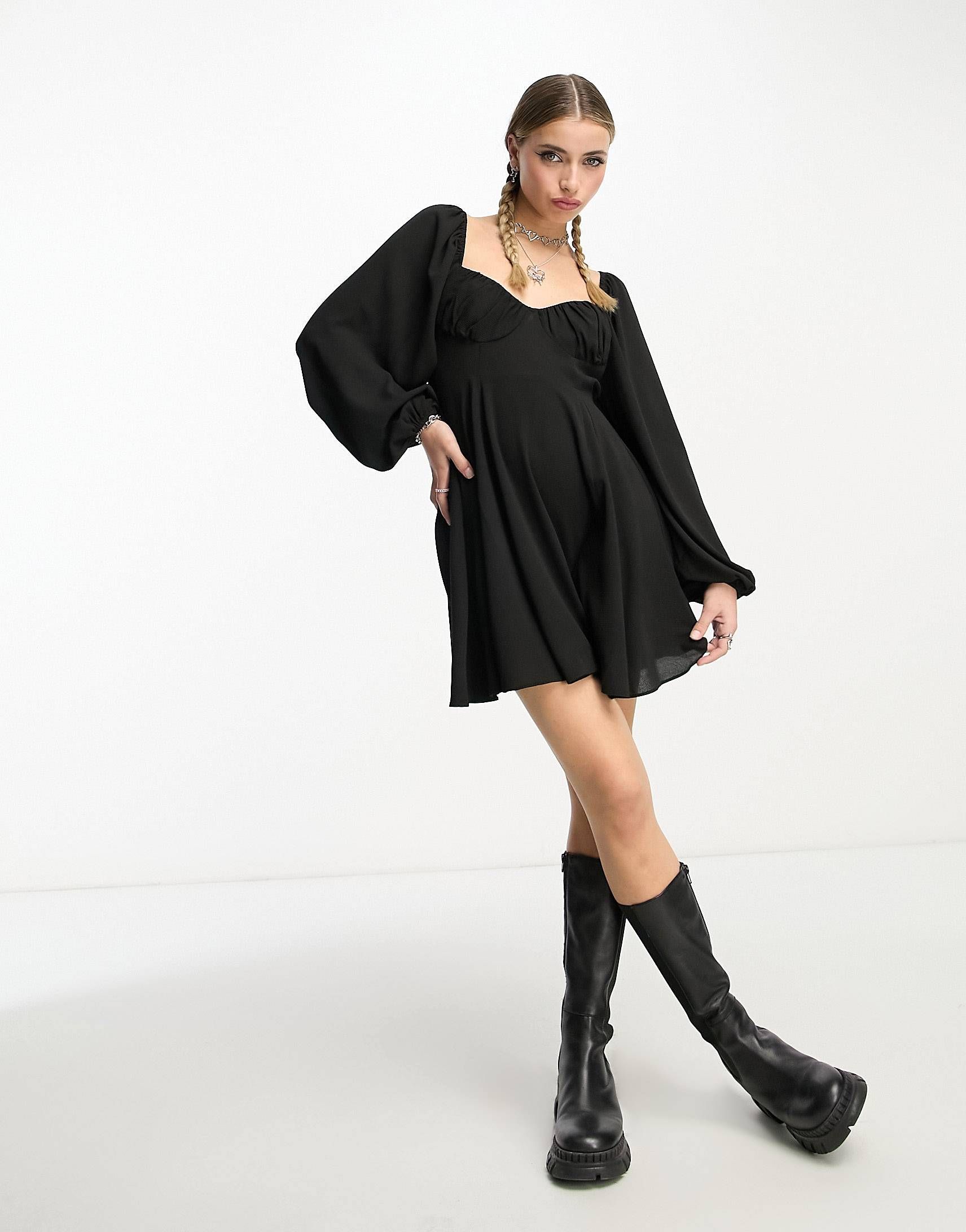 › ASOS DESIGN babydoll open back mini skater dress with godets in black | ASOS (Global)
