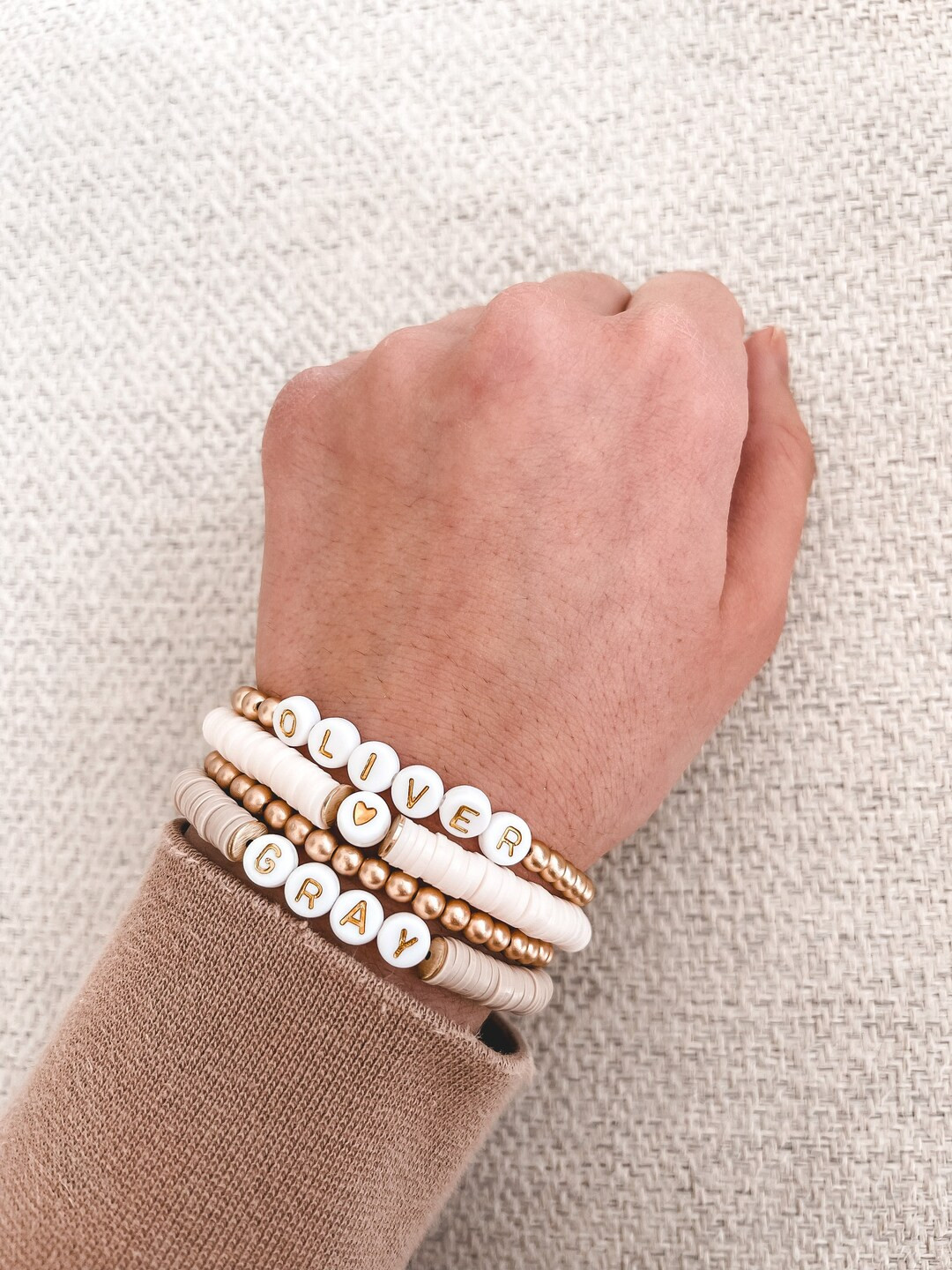 Gold and Neutral Stacking Bracelet Set | 6mm Heishi Bracelet, Glass Seed Beads & 4mm Gold Hematit... | Etsy (US)