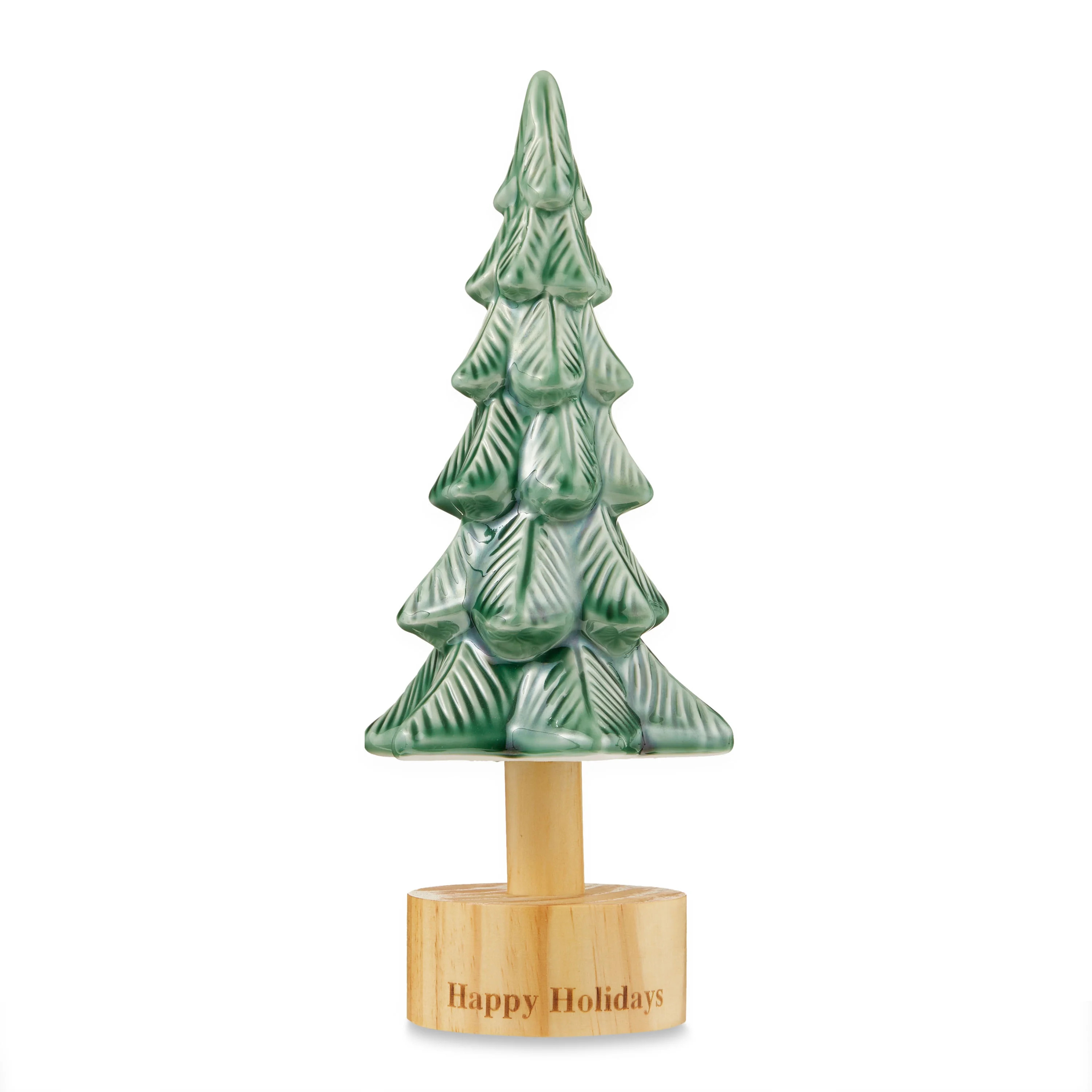 12 in Ceramic Tree with Wood Base Christmas Decoration, Green, by Holiday Time | Walmart (US)