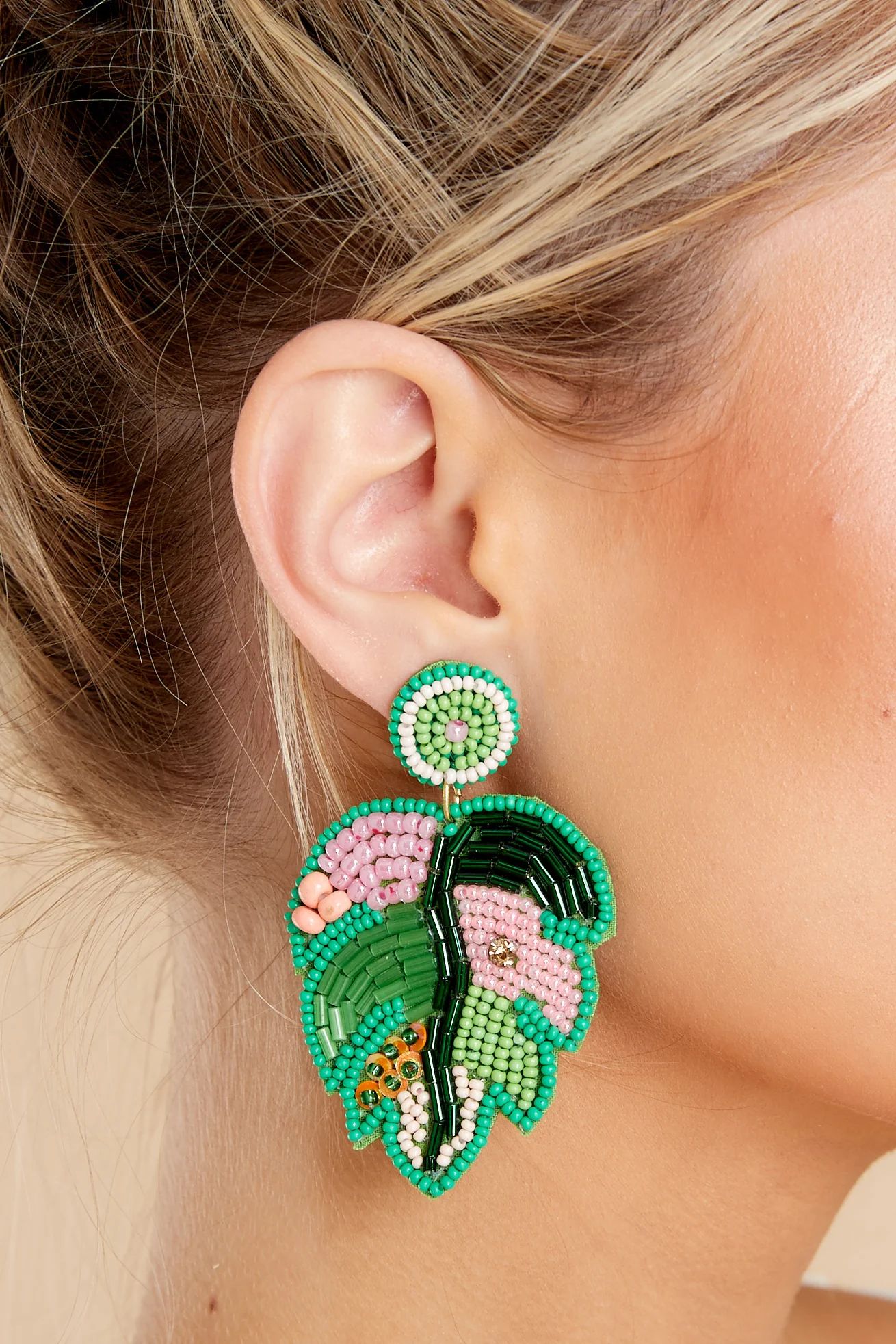 Palm Leaf Green Multi Beaded Earrings | Red Dress 