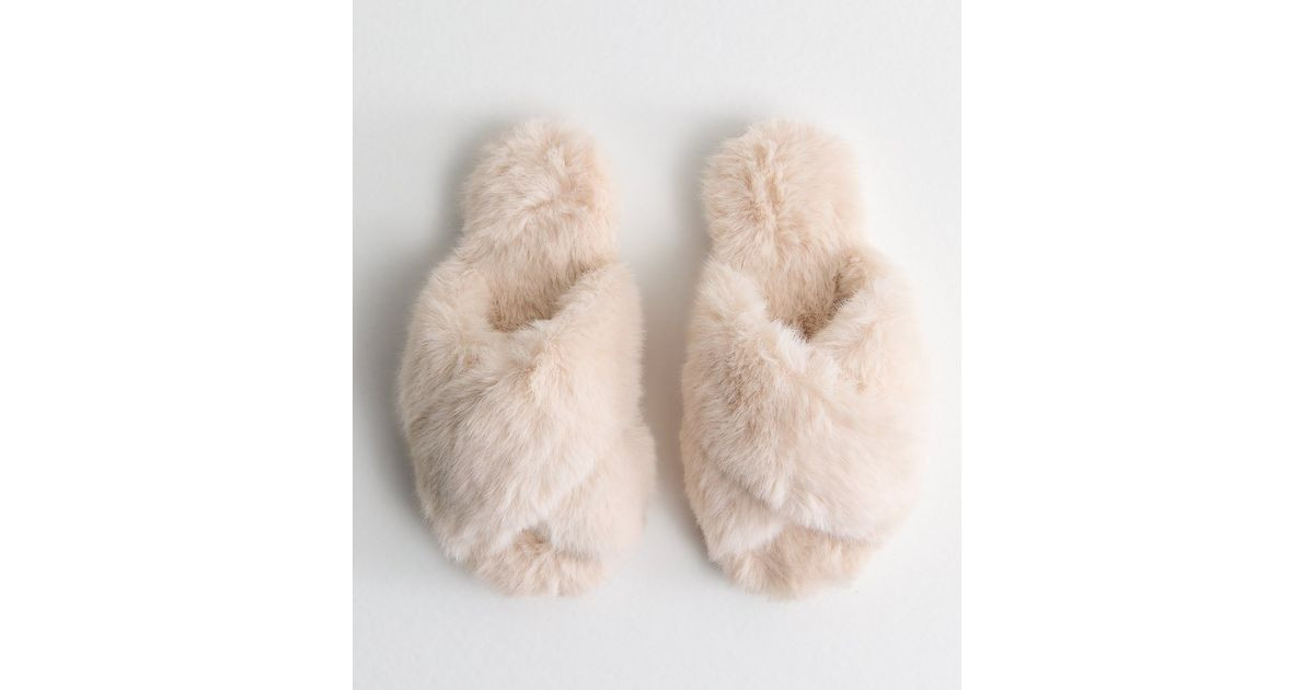 Off White Faux Fur Cross Slippers | New Look | New Look (UK)