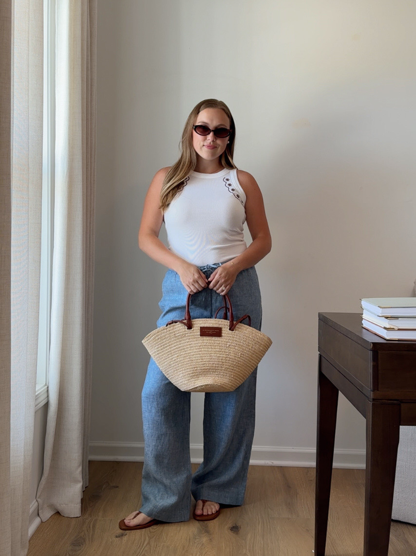linen pants are sold out, but outfit is LOFT! love the embroidery detail on the white tank. wearing a small in both. 

 #LTKgrwm #LTKootd #LTKmomlife