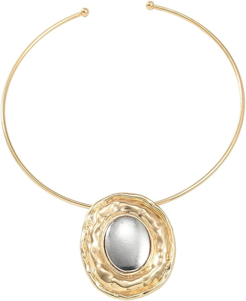 Chunky Gold Statement Necklace for Women, African Tribal Choker with Oval Pendant, Hammered Metal... | Amazon (US)