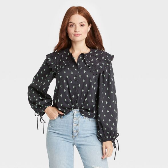 Women's Balloon Long Sleeve Embroidered Button-Down Shirt - Universal Thread™ | Target