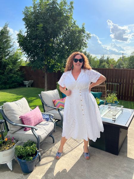 Is there anything more summery than white eyelet lace? I’m in love with the vintage vines and shirt dress styling. I’m wearing the 1X but if you’re less busty than me you can definitely size down.

#LTKcurves #LTKSeasonal #LTKxAnthro