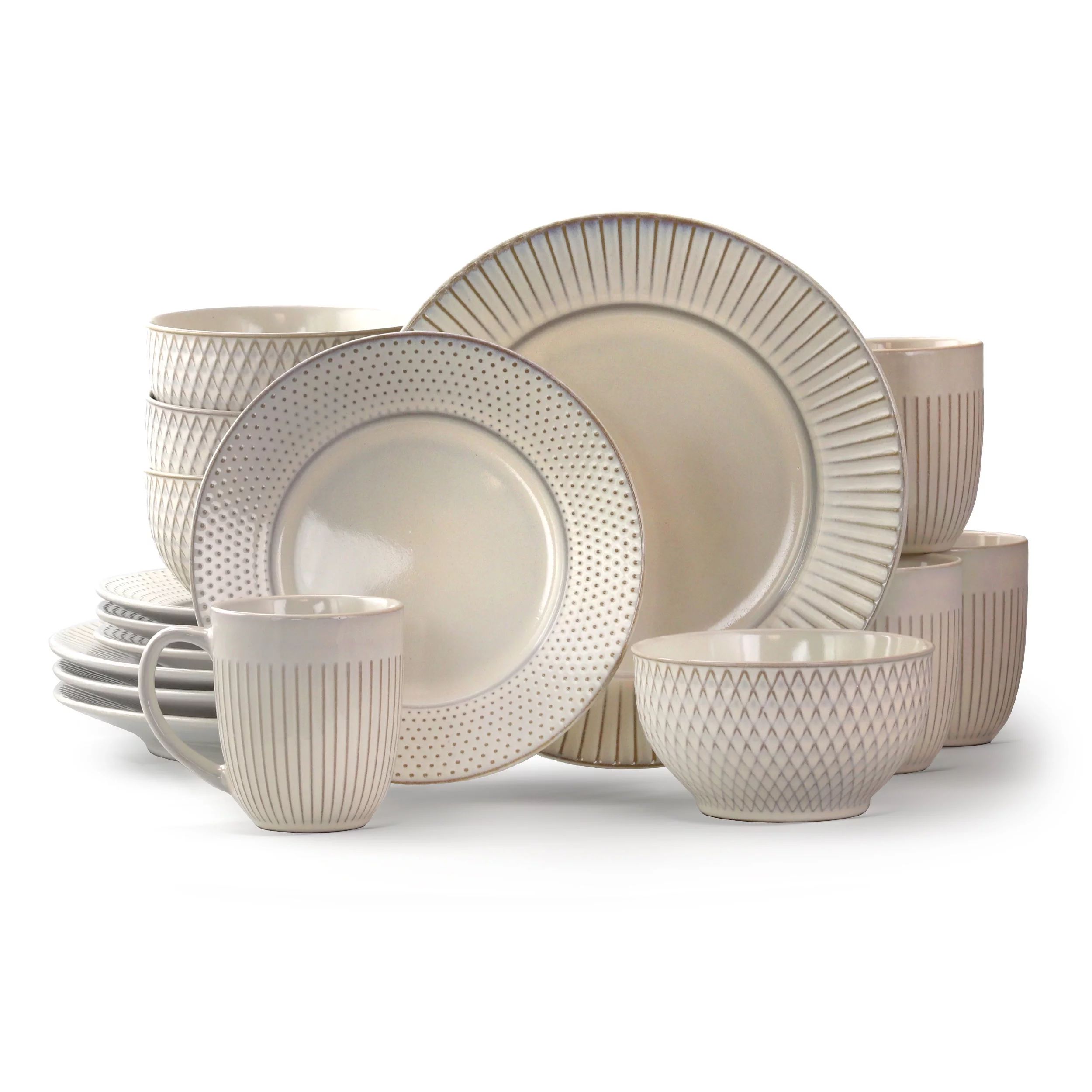 Elama Market Finds 16 Piece Round Stoneware Dinnerware Set in Embossed White - Walmart.com | Walmart (US)