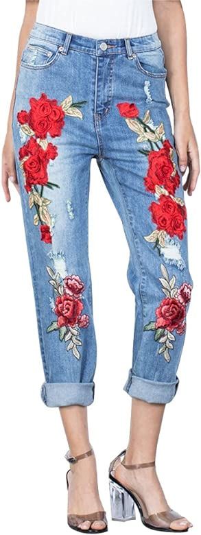 Women's Fashion Rose Embroidered Jeans Destroyed Ripped Hole Straight-Leg Boyfriend Denim Pants | Amazon (US)