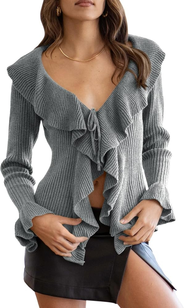 Goranbon Womens V Neck Sexy Sweaters Ruffle Long Sleeve Wrap Loose Sweater Fashion Drawstring Jum... | Amazon (US)