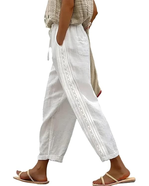 Womens Linen Pants Summer Plus Size Casual Cotton Linen Pants Drawstring Elastic Waist Cropped Tr... | Amazon (US)
