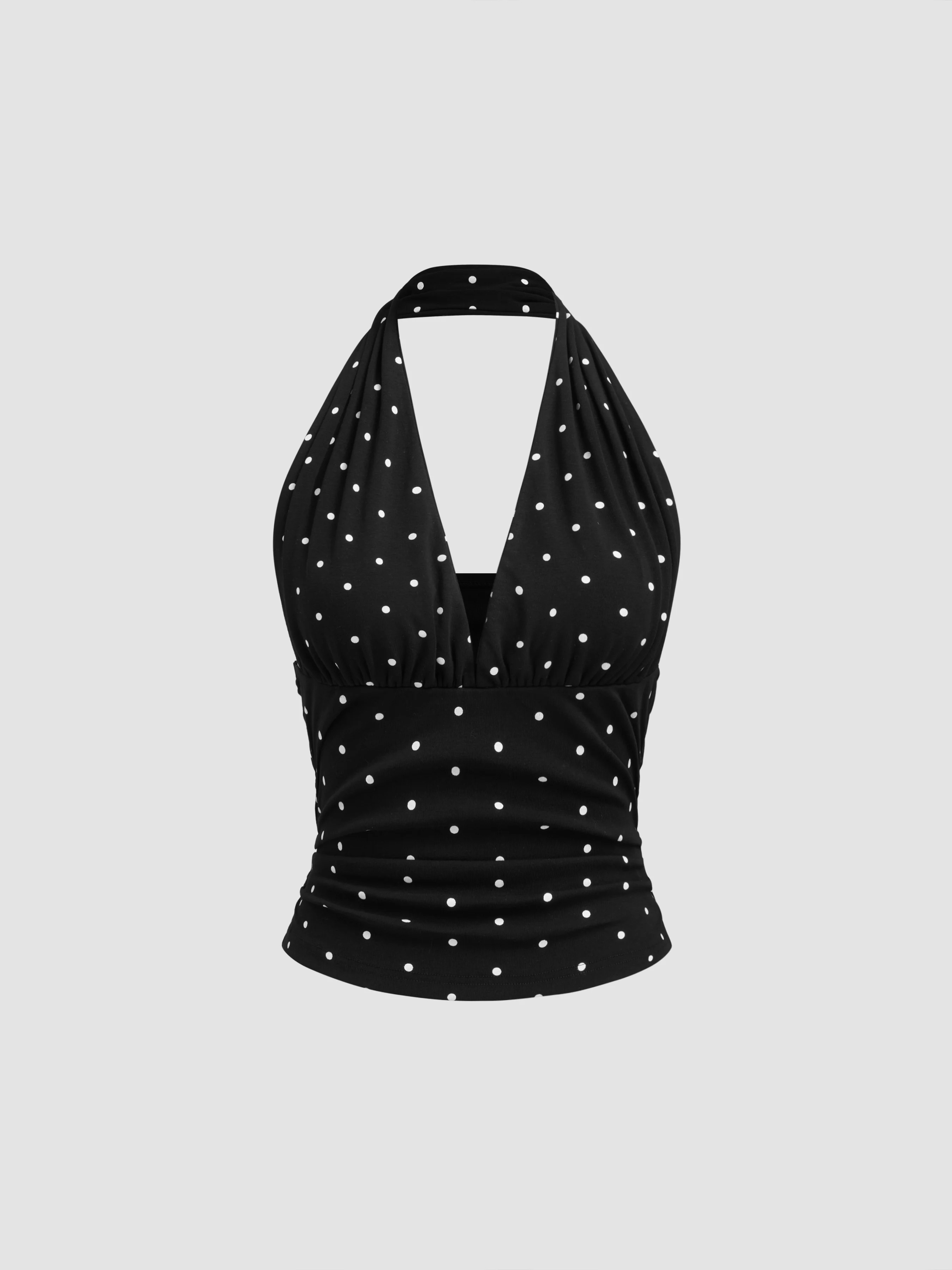 rush outfits Knit Fabric Cotton-blend Halter Cowl Neck Polka Dot Ruched Top For Daily Casual | Cider