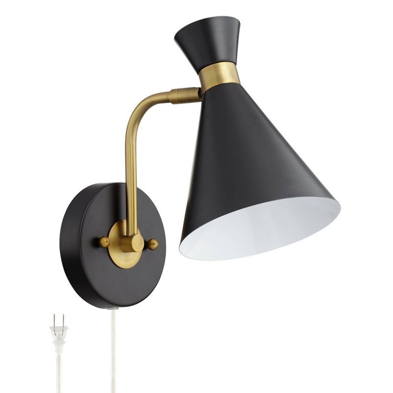 360 Lighting Mid Century Modern Wall Lamp Matte Black Brass Plug-In Light Fixture Adjustable Meta... | Target