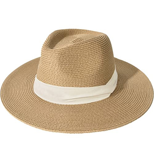 FURTALK Womens Mens Wide Brim Straw Panama Hat Fedora Summer Beach Sun Hats UPF Straw Hat for Women Khaki-Beige | Amazon (US)