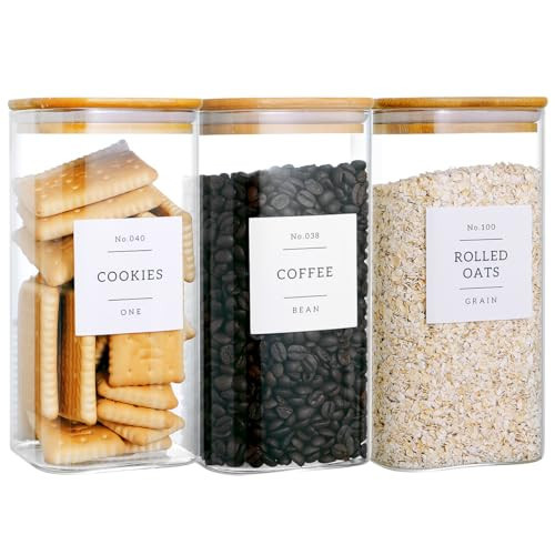 CZZGSM 3 Pack Square Glass Kitchen Storage Jars with Airtight Bamboo Lids and 132 Pantry Labels - 54oz Glass Canisters with Wood Lids - Food Storage for Sugar, Rice, Pasta, Cereal | Amazon (US)