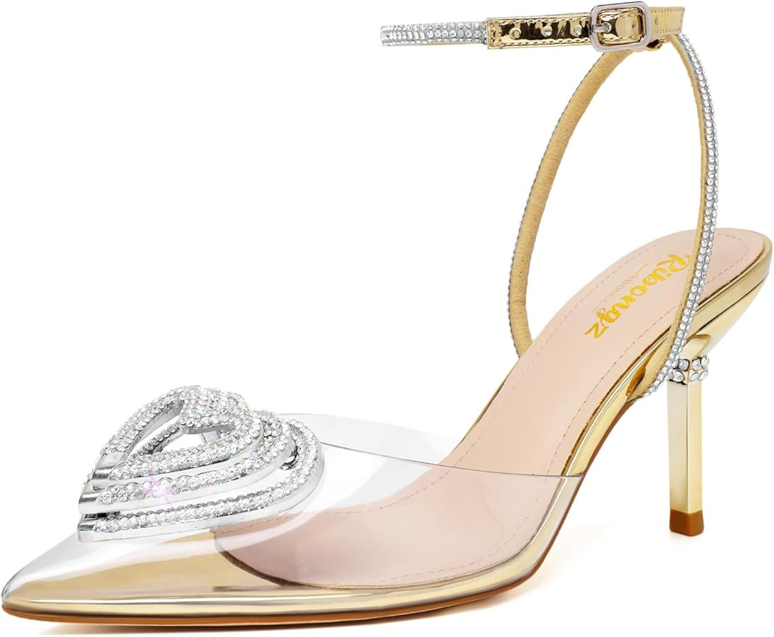 RIBONGZ Women's Wedding Shoes Glitter Sparkly Pointed Toe Strappy High Heels Sexy Ankle Strap Pum... | Amazon (US)
