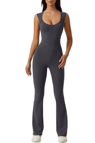 QINSEN Women's Sleeveless Jumpsuit for Leisure High Waist Flared Pants Rompers Tea Leaf S | Amazon (US)