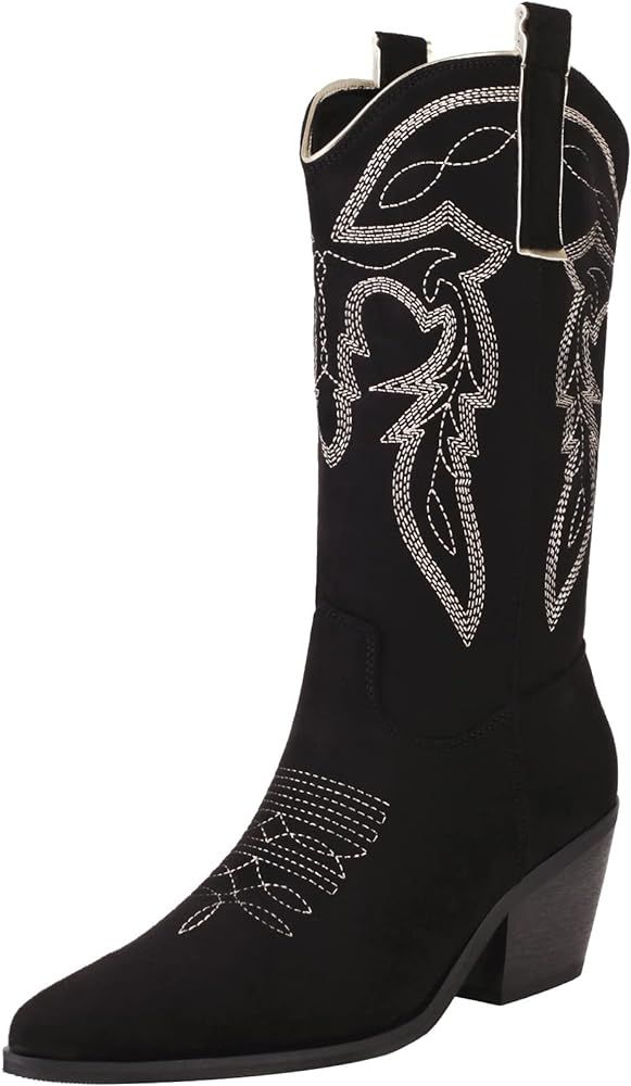 Reitoye Women's Embroidered Western Cowboy Boots Mid Calf Chunky Heel Pull-Up Tabs Classic Cowgir... | Amazon (US)