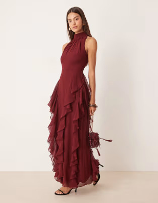Lace & Beads backless ruffle maxi dress in burgundy | ASOS | ASOS (Global)