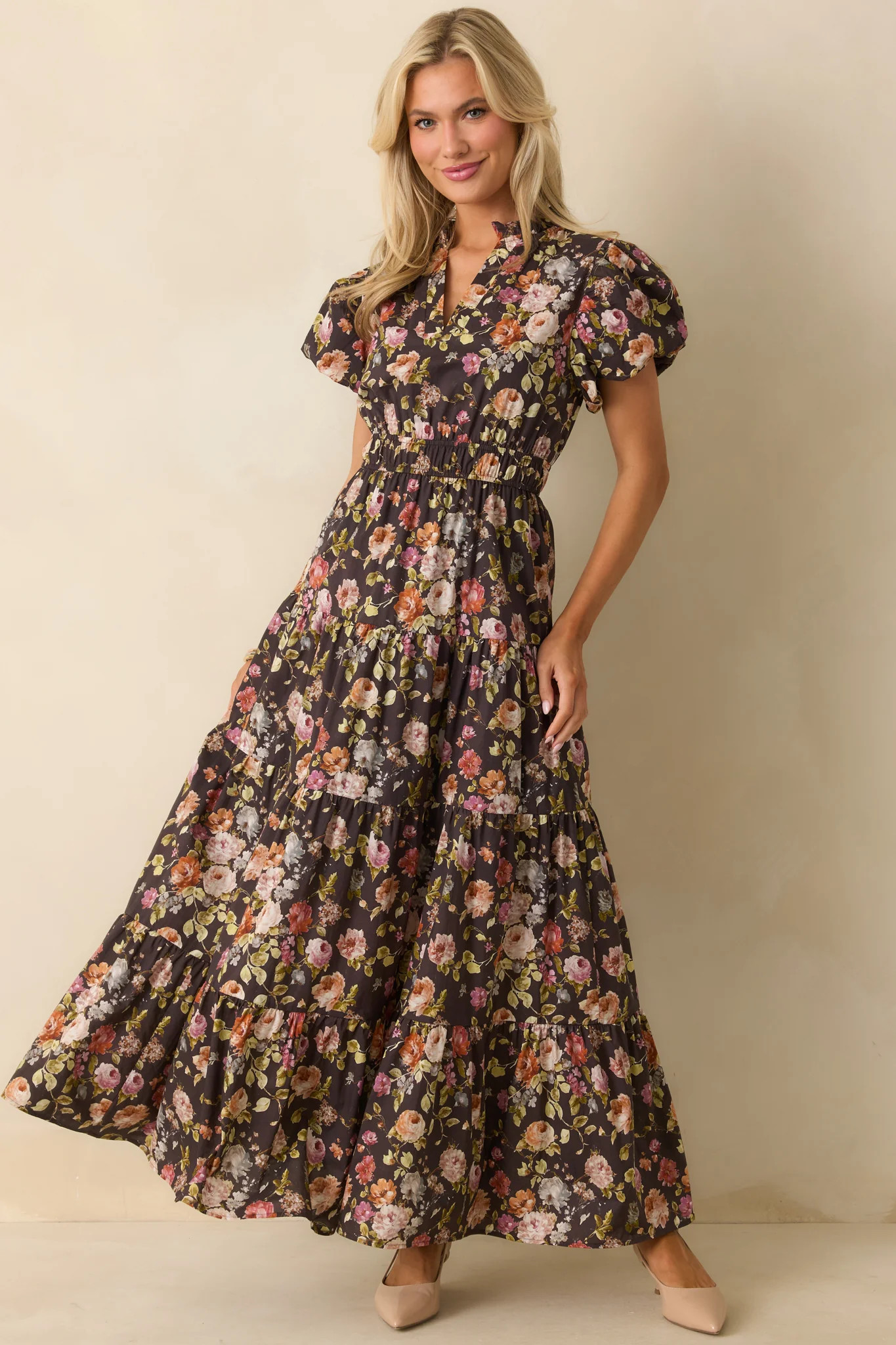 It's All Her Own Brown Multi Floral Print Cotton Maxi Dress | Red Dress