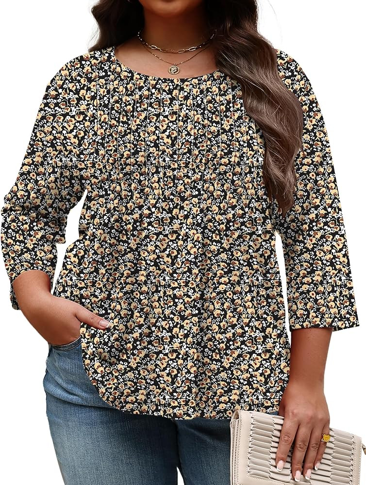 TFSDOD Womens Plus Size Tops 3/4 Length Sleeve Womens Tops Crewneck Pleated Boho Tunic Casual Shi... | Amazon (US)