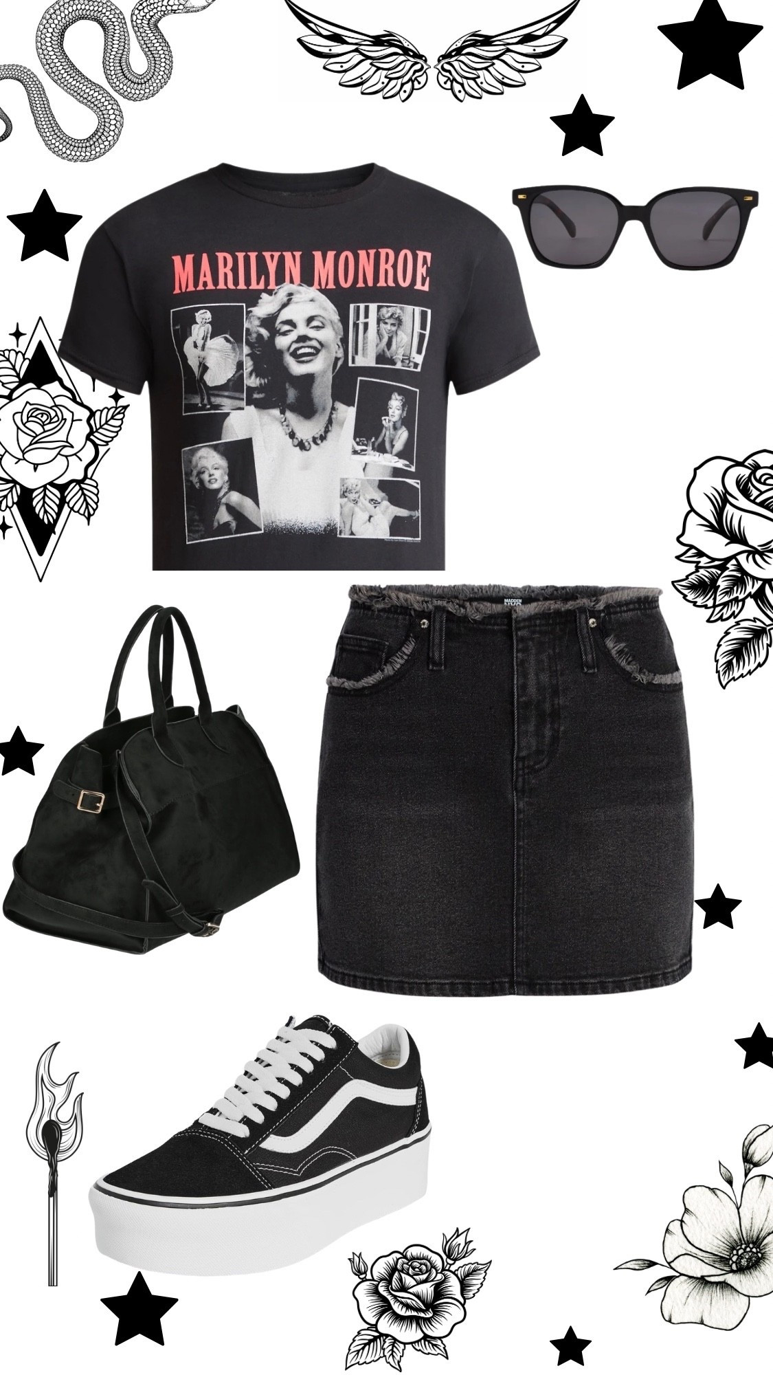 Edgy Walmart black denim skirt outfit with graphic tee. Tee would need cut or tucked.

#LTKootd #LTKgrwm #LTKMidsize