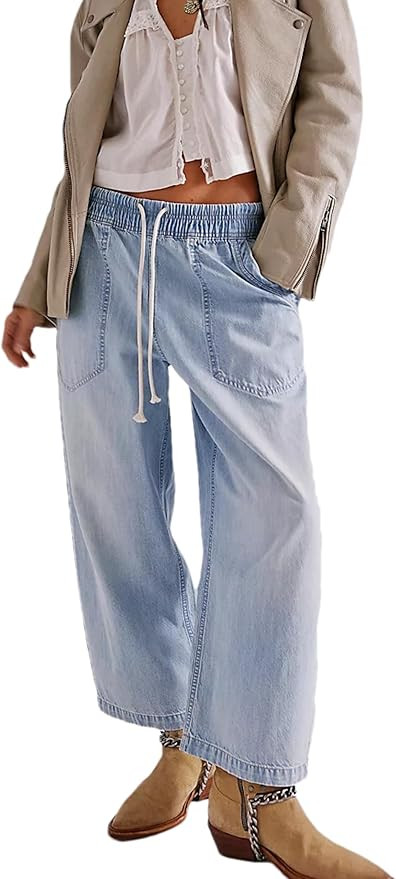 Zontroldy Women's Drawstring Mid Waisted Wide Leg Jeans Loose Fit Straight Leg Denim Pants with P... | Amazon (US)