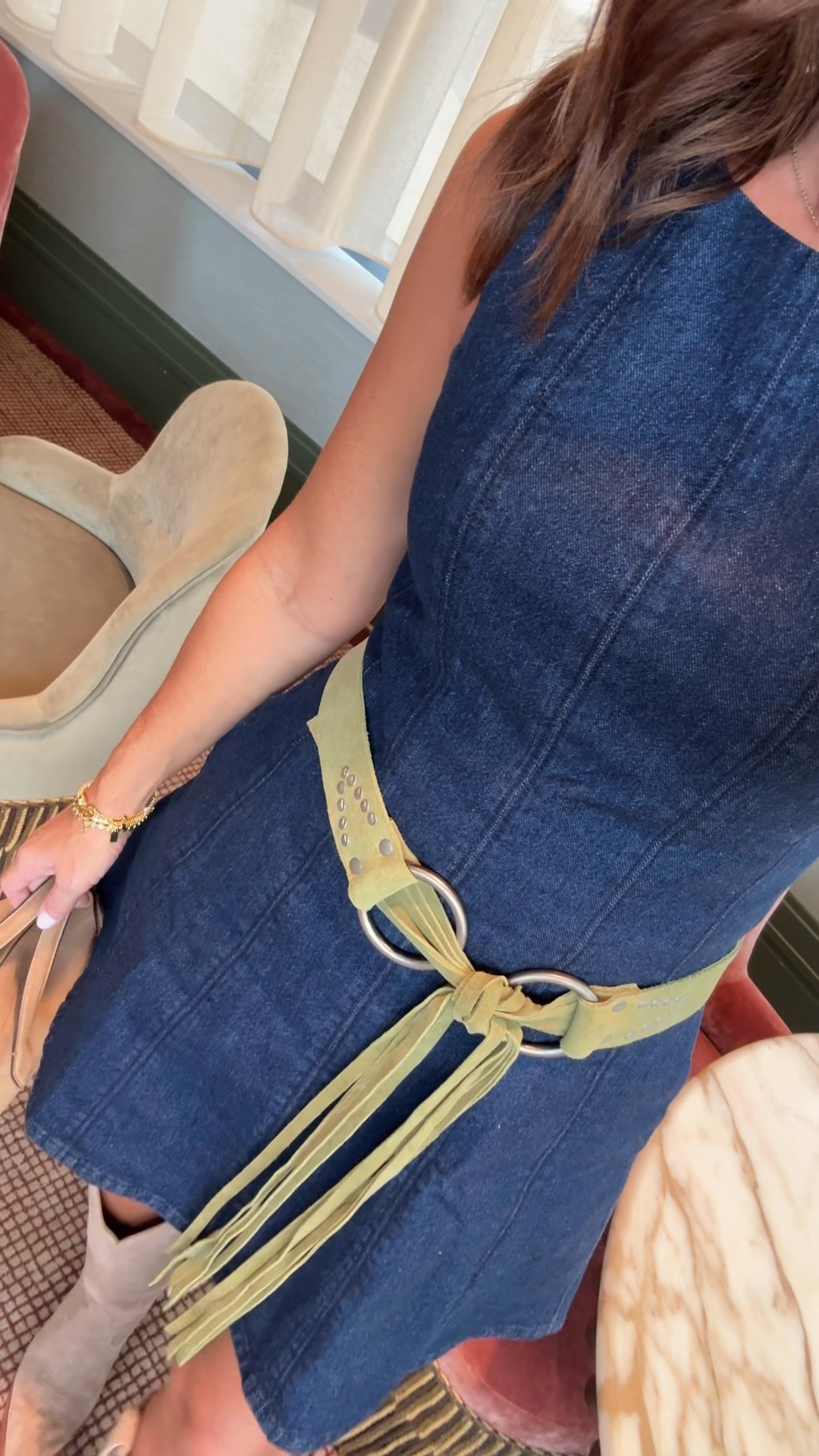 Nashville style. Flared denim dress. Fringe suede belt. 
Dress XS petite

#LTKootd #LTKSeasonal #LTKOver40