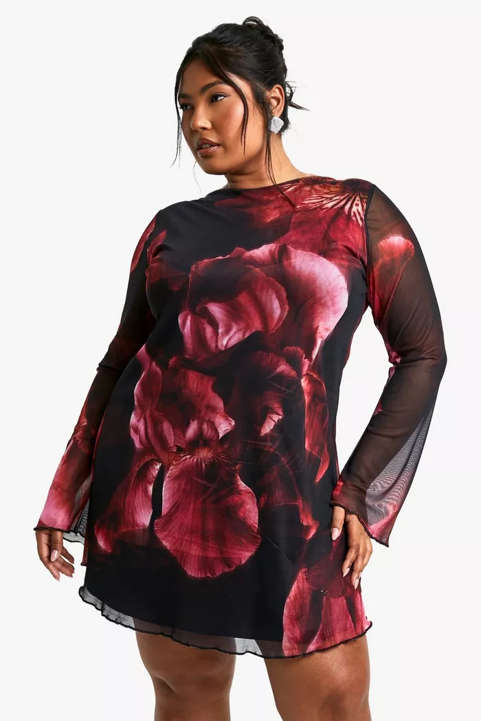 Plus Blur Floral Mesh Flare Sleeve Mini Dress | Boohoo.com (UK & IE)