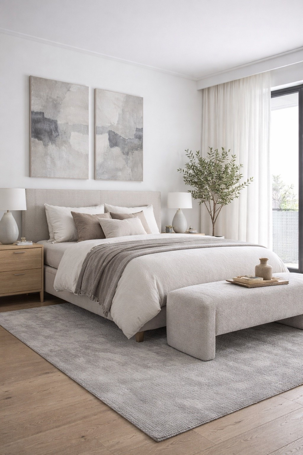 Soft neutral bedroom design with a modern upholstered bed, cozy bench at the foot of the bed, light wood nightstands, and abstract neutral wall art. This calm minimalist bedroom features layered bedding, soft textures, and warm natural tones for a relaxing and elegant interior. Perfect inspiration for modern bedroom decor, neutral home styling, and cozy minimalist interiors.

#modernbedroom
#neutralbedroom
#bedroomdecor
#minimalistbedroom
#cozybedroom
#modernhome
#interiordesign
#bedroominspo
#neutraldecor
#homedecor