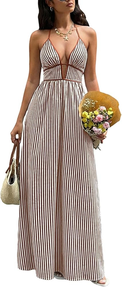 Women's Halter Striped Maxi Dress Deep V Neck Sleeveless Backless Dress High Waist Sexy Beach Par... | Amazon (US)