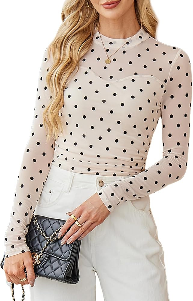 Womens Sexy Mesh Long Sleeve Shirts Fashion Clothing Turtle Necks Sheer Ruched Going Out Tops Fal... | Amazon (US)