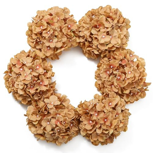 DuHouse Hydrangea Silk Flowers Artificial Hydrangea Heads with Stem Fake Flowers for Wedding Home Garden Centerpiece Pack of 6 (Coffee) | Amazon (US)