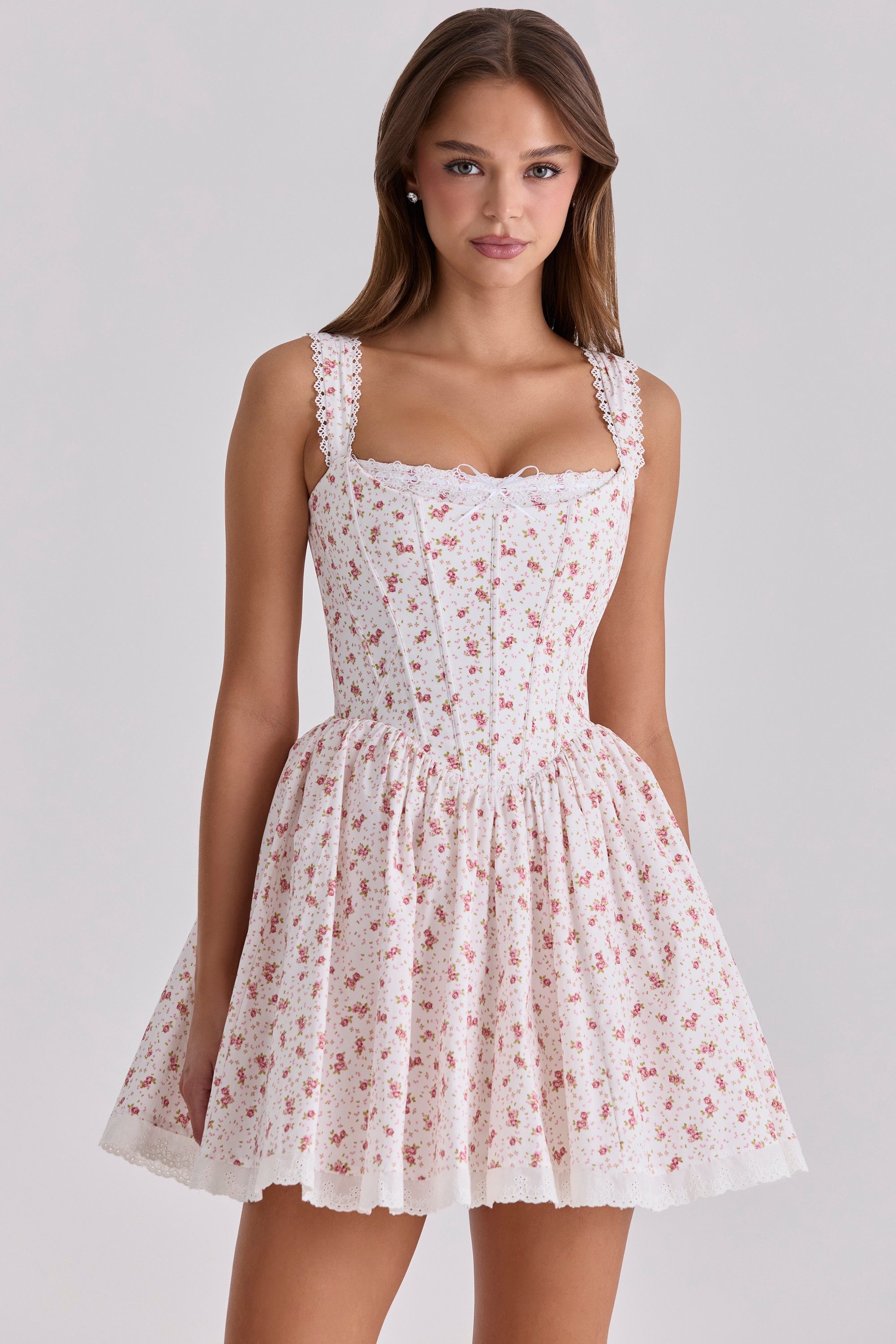 white rose print cotton corset mini dress | House of CB
