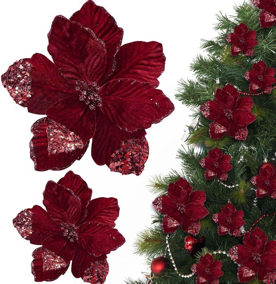 16 Pcs Christmas Poinsettia Flowers Decoration Artificial Velvet Flowers Glitter Magnolia Flower ... | Amazon (US)