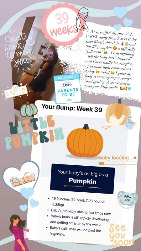We are officially just ONE WEEK away from Sweet Baby Levi Rhett’s due date🤰👶🏼 and this lil’ pumpkin 🎃 (today’s size according to my @thebump app 😉) is officially “full term” 🥹 - I can definitely tell the baby has “dropped” and I’m actually *starting* to feel some light contractions today 🤭 (eek!! 🥳 I guess my body is starting to get ready!) and getting oh so excited to meet you, little one!!! 🤱🥰🩵

#LTKBaby #LTKFamily #LTKBump