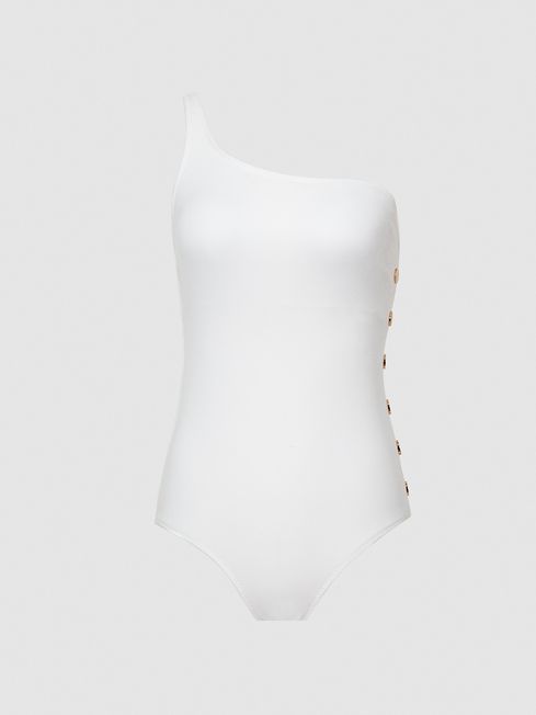 Reiss White Bethany Asymmetric Swimsuit With Button Detail | Reiss (UK)