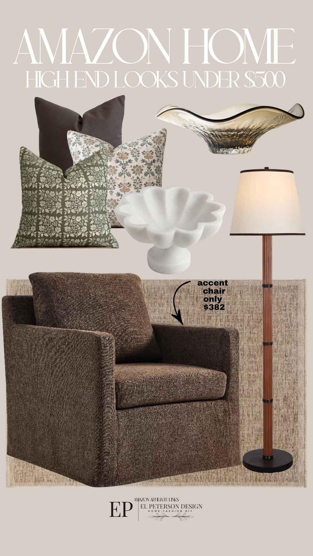 Amazon
Accent chair
Rug
Floor lamp
Throw pillows
Bowls

#LTKHome