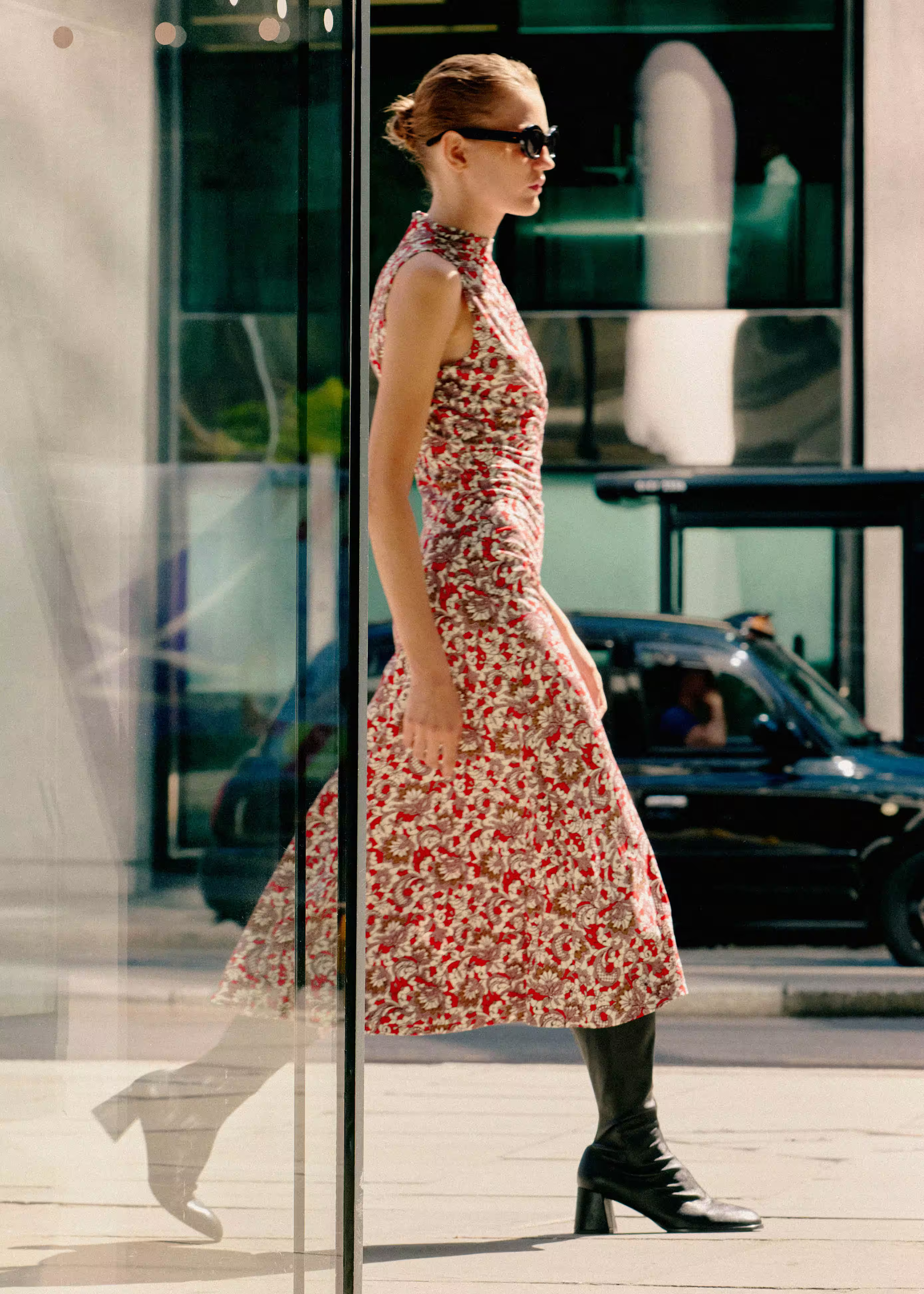 Graphic Lace Print Ruched Midi Dress Printed Stretch Jersey | ME+EM US