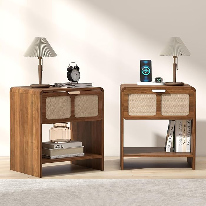 LEVNARY Compact Nightstand Set of 2, Mid-Century Modern Bedside Table with Charging Station and F... | Amazon (US)