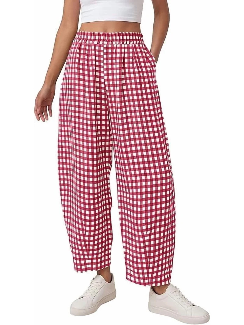 PRETTYGARDEN Plaid Barrel Pants Women Summer Casual Loose Wide Leg Lounge Gingham Trousers Spring... | Walmart (US)