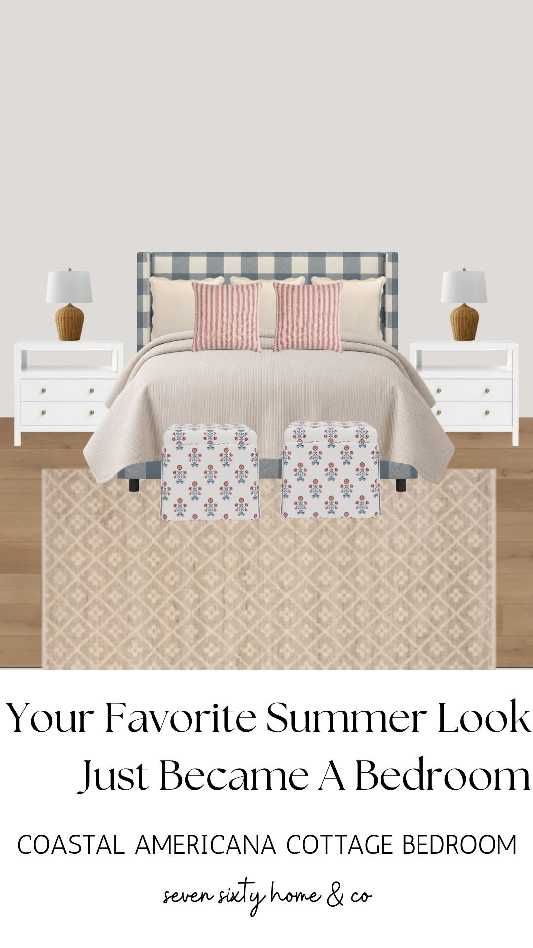Summer style isn't just for your wardrobe. 🇺🇸 Bring the same timeless red, white, and blue palette into your home with this Coastal Americana bedroom featuring a gingham bed, block print ottomans, crisp white furniture, and layered neutral bedding. Shop the complete room and create your own summer retreat. 

 #LTKSeasonal #LTKHome #LTKSaleAlert