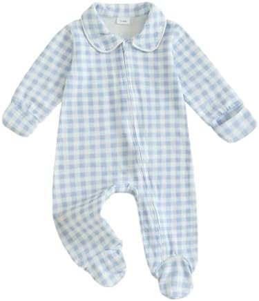 Seyurigaoka Newborn Baby Boy Girl Clothes Gingham Plaid Footed Jumpsuit Lapel Zipper Romper Cute ... | Amazon (US)