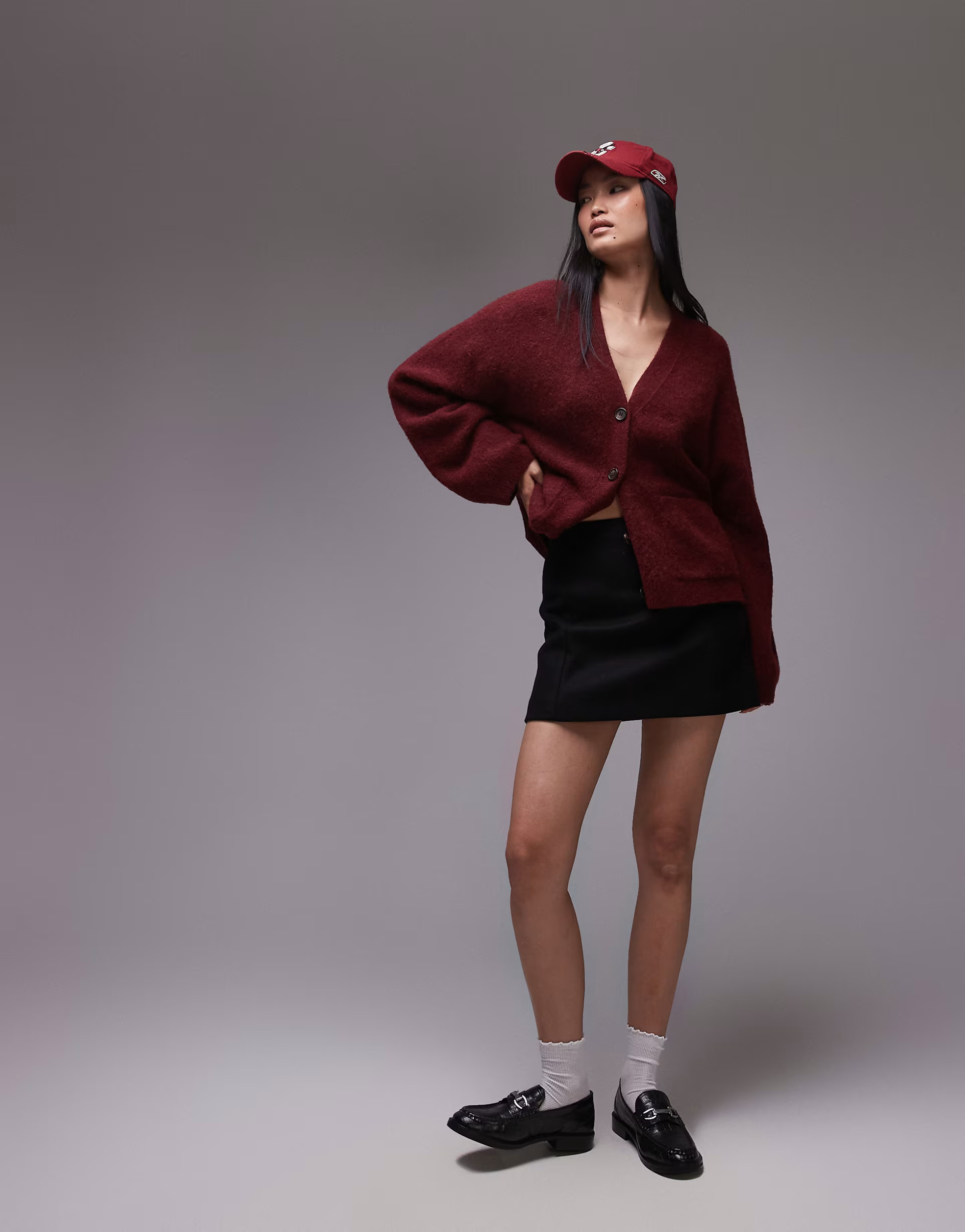 ARKET alpaca and wool blend v-neck cardigan in burgundy | ASOS (Global)